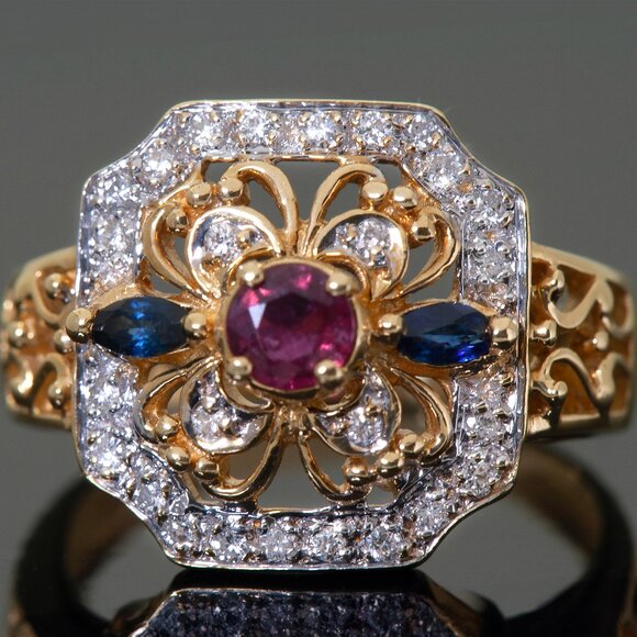 Vintage 18kt Yellow Gold Diamond Ring, Ruby and Sapphire, SZ 6, Appraised $3350 - Picture 2 of 11